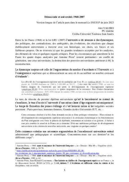 Démocratie et universités 1968-2007, par Alet VALERO