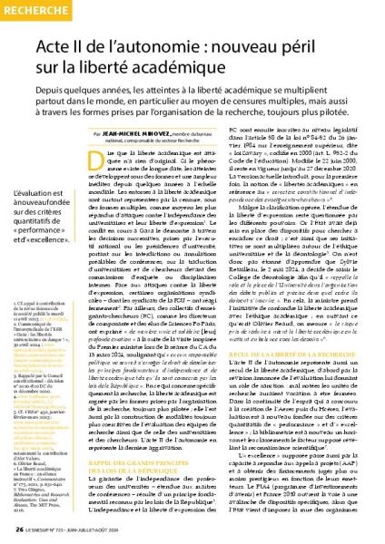 Acte II de l’autonomie : nouveau péril  sur la liberté académique