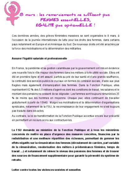 8 mars - Femmes essentiELLES, égalité pas optionnELLE ! - Communiqué de la FSU du 5 mars 2021