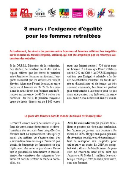 Appel du G9 au 8 mars : l'exigence d'égalité pour les femmes retraitées
