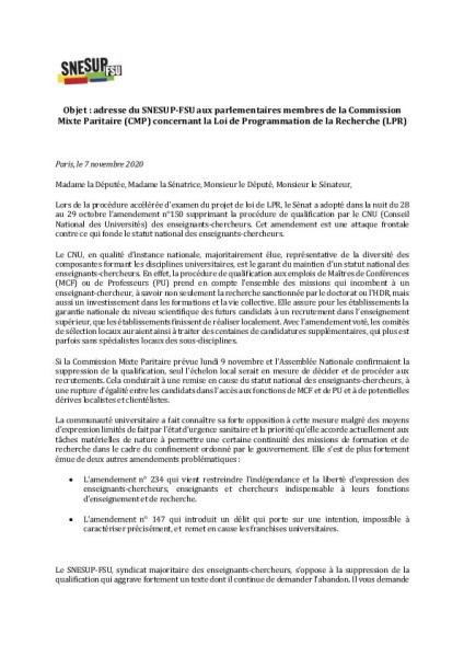 Adresse aux parlementaires membres de la Commission Mixte Paritaire sur la LPR
