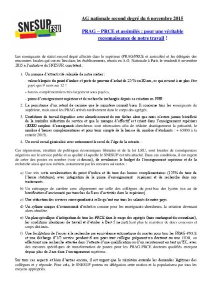 AG nationale second degré du 6 novembre 2015 PRAG – PRCE et assimilés : pour une véritable reconnaissance de notre travail !