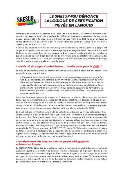 Le SNESUP-FSU dénonce la logique de certifications privée en langues - Analyse du 6 juillet 2018