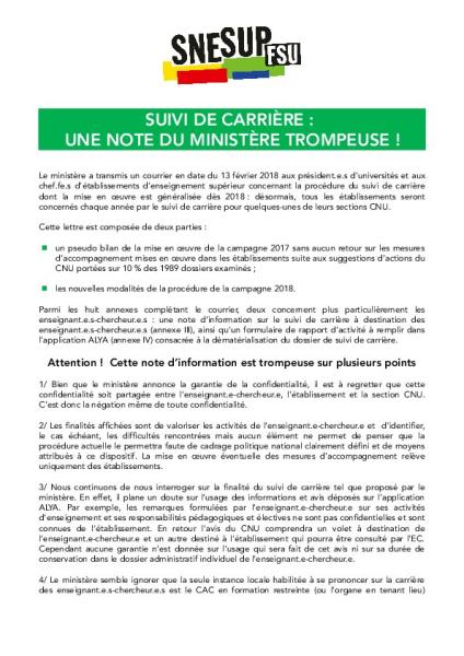 SUIVI DE CARRIERE :  UNE NOTE DU MINISTERE TROMPEUSE !