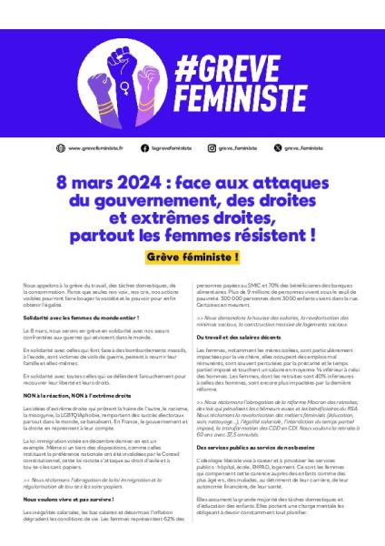 Appel grève féministe 8 mars 2024