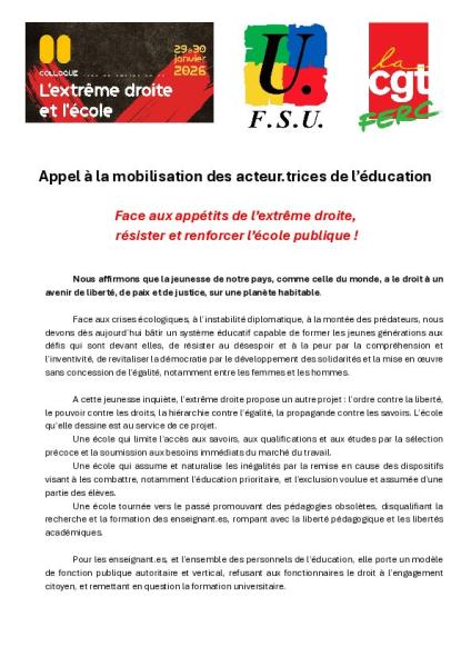 Appel de la FSU et de la CGT : Face aux appétits de l’extrême droite, résister et renforcer l’école publique ! - 30 janvier 2026