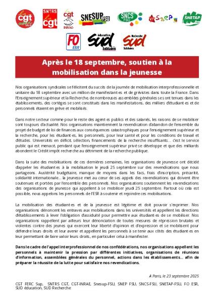 Après le 18 septembre, soutien à la mobilisation dans la jeunesse - Communiqué intersyndical du 23 septembre 2025