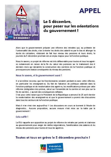 RETRAITES - Appel de la FSU pour le 5/12