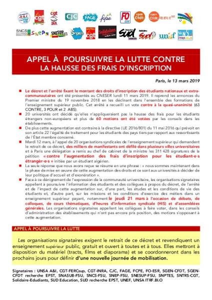 Appel intersyndical à poursuivre LA LUTTE CONTRE LA HAUSSE DES FRAIS D'INSCRIPTION - 13 mars 2019