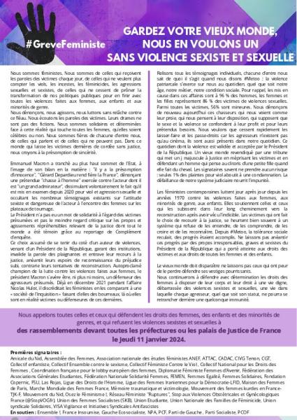 #GreveFeministe 11 JANVIER 2024  - Appel unitaire pour un monde sans violences sexistes et sexuelles 