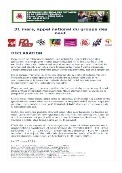 31 mars, appel national du groupe des neuf - Communiqué du 17 mars 2021