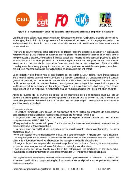 Appel intersyndical à la mobilisation le 5 novembre pour les salaires, les services publics, l’emploi et l’industrie 
