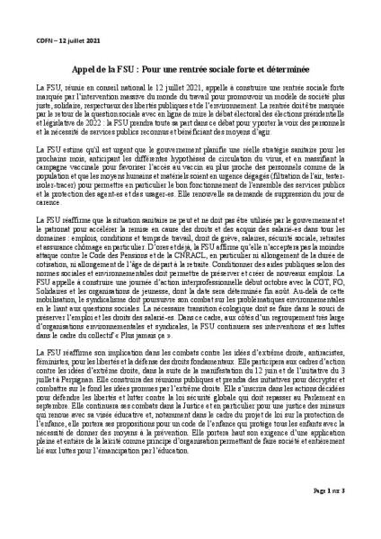 APPEL DE LA FSU : Pour une rentrée sociale forte et déterminée - CDFN du 12 juillet 2021
