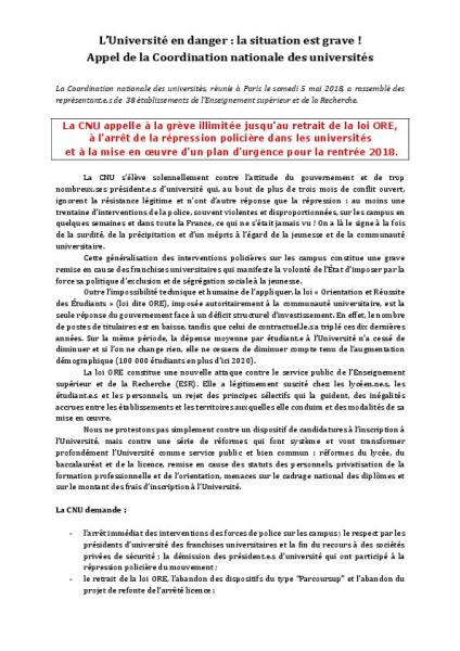 Appel de la Coordination nationale des universités