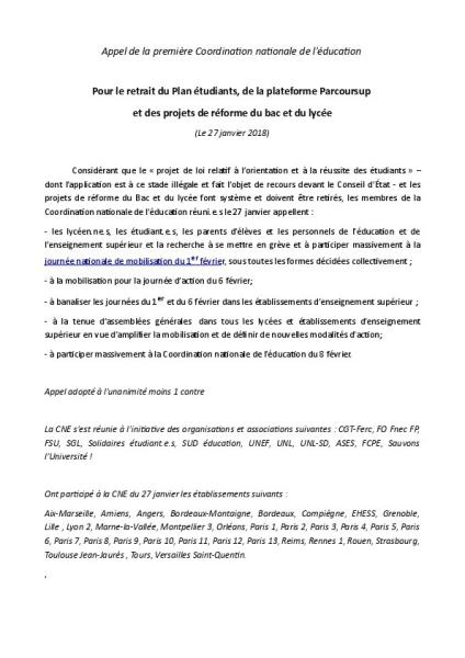 Appel de la Coordination nationale de l’éducation