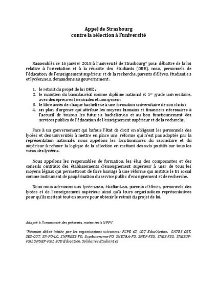 Appel de Strasbourg contre la sélection à l'université