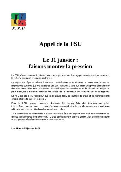 Appel de la FSU - le 31 janvier : faisons monter la pression -Communiqué de presse FSU du 25 janvier 2023 