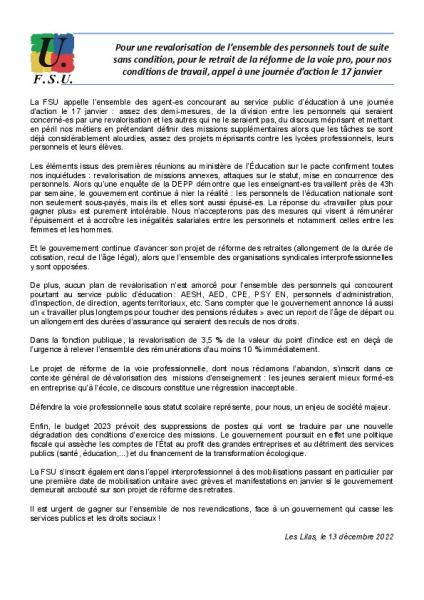 Pour une revalorisation de l’ensemble des personnels tout de suite sans condition, pour le retrait de la réforme de la voie pro, pour nos conditions de travail, appel à une journée d’action le 17 janvier