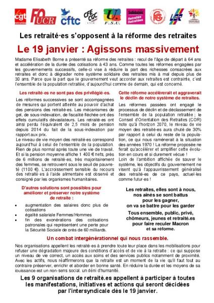 Les retraité·es s'opposent à la réforme des retraites. Le 19 janvier : agissons massivement - Communiqué du G9 des retraité·es du 12 janvier 2023 