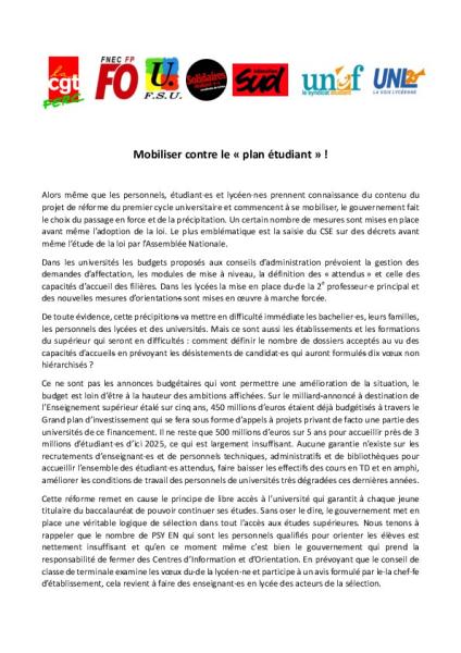 Mobiliser contre le « plan étudiant » ! - Appel interfédéral pour le 12 décembre 2017