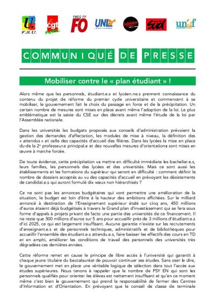 Mobiliser contre le « plan étudiant » ! - Appel interfédéral pour le 12 décembre 2017