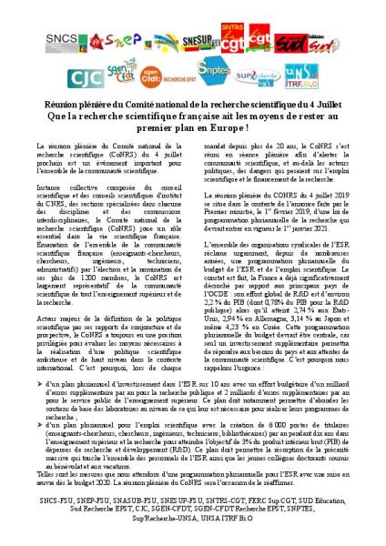 APPEL INTERSYNDICAL - Que la recherche scientifique française ait les moyens de rester au premier plan en Europe ! - 28 juin 2019