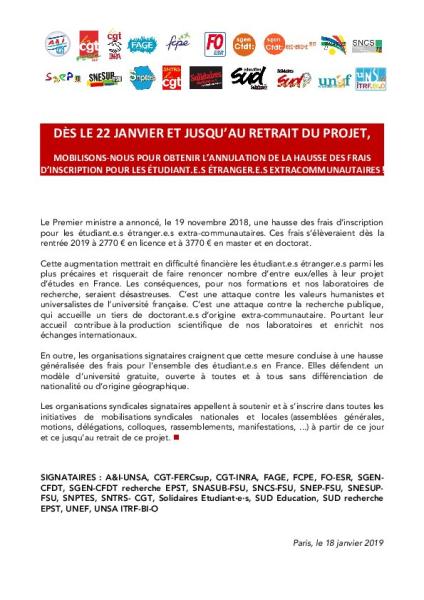 MOBILISONS-NOUS POUR OBTENIR L’ANNULATION DE LA HAUSSE DES FRAIS D’INSCRIPTION (...) - APPEL INTERSYNDICAL du 18 janvier 2019