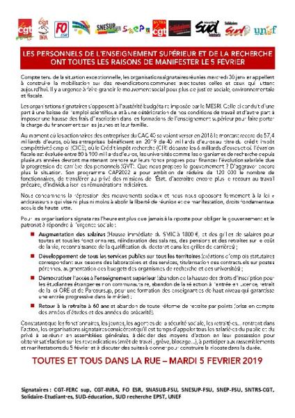 TOUTES LES RAISONS DE MANIFESTER LE 5 FÉVRIER - APPEL INTERSYNDICAL du 1er février 2019
