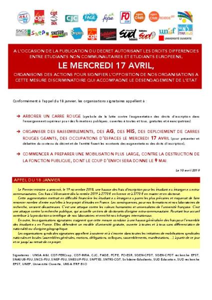 Mobilisons-nous le 17 avril à l'occasion de la publication du décret autorisant les droits différenciés entre étudiants - Appel intersyndical, 10 avril 2019