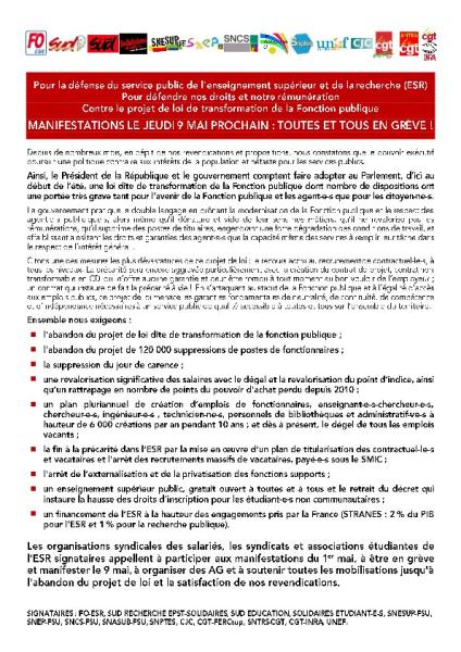 Tracts et pancartes : Appel intersyndical, 9 mai 2019  Pour la défense du service public de l'ESR,  Contre le projet de loi de transformation de la FP