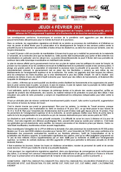 Jeudi 4 février 2021 - Mobilisons-nous pour la préservation et le développement de l’emploi, contre la précarité, pour la défense de l’Enseignement Supérieur et la Recherche et de tous les services publics