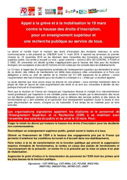 Appel intersyndical à la grève et à la mobilisation le 19 mars contre la hausse des droits d’inscription, pour un enseignement supérieur et une recherche publique au service de tous - 18 mars 2019