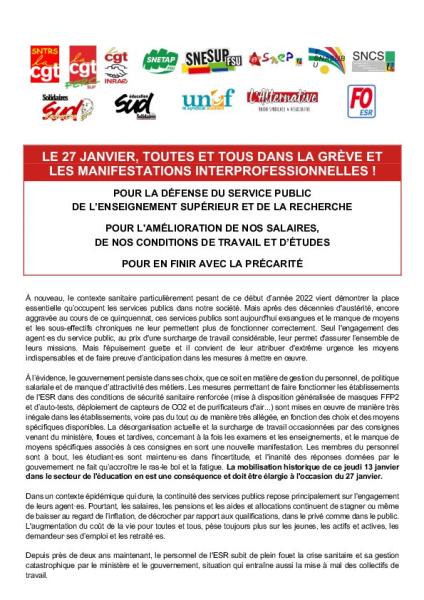 Le 27 janvier, toutes et tous dans la grève et les manifestations interprofessionnelles ! - Appel intersyndical du 17 janvier 2022