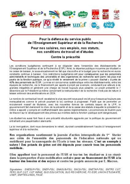 1er FEVRIER 2024 - Appel de l'intersyndicale à se mobiliser aux côtés des collègues de l'Education Nationale