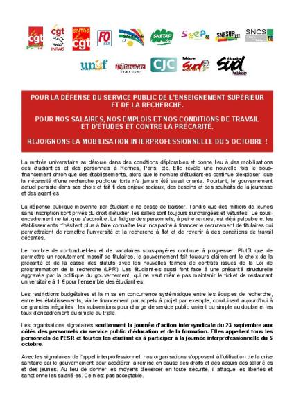 Rejoignons la mobilisation interprofessionnelle du 5 octobre ! - Communiqué intersyndical du 16 septembre 2021