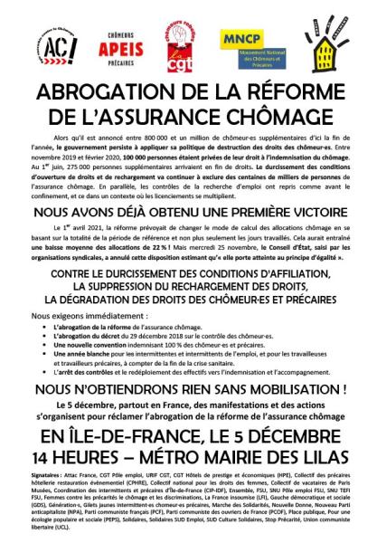 Samedi 5 décembre 2020 : Journée nationale de mobilisation contre le chômage et la précarité