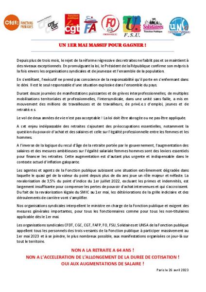 UN 1ER MAI MASSIF POUR GAGNER ! -  Appel de l’intersyndicale de la Fonction publique du 28 avril 2023