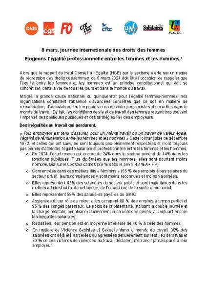 8 mars, journée internationale des droits des femmes Exigeons l’égalité professionnelle entre les femmes et les hommes ! - Appel intersyndical du 14 février 2024