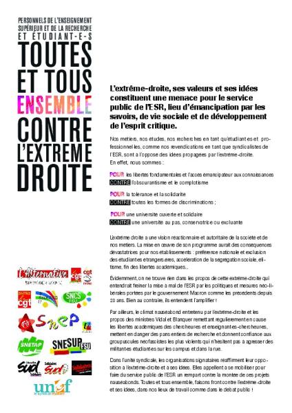 Toutes et tous ensemble contre l’extrême droite -  Appel unitaire du  17 mars 2022