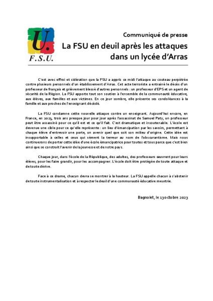 La FSU en deuil après les attaques dans un lycée d’Arras - Communiqué de la FSU du 13 octobre 2023