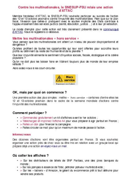 Contre les multinationales, le SNESUP-FSU relaie une action d'ATTAC - Octobre 2019