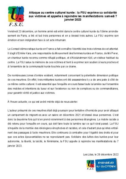 Attaque au centre culturel kurde : la FSU exprime sa solidarité aux victimes et appelle à rejoindre les manifestations samedi 7 janvier 2023 - Communiqué de presse FSU du 28 décembre 2022