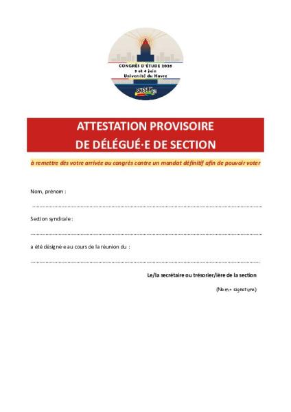 Attestation provisoire de délégué-e - congrès d'étude du Havre 2026