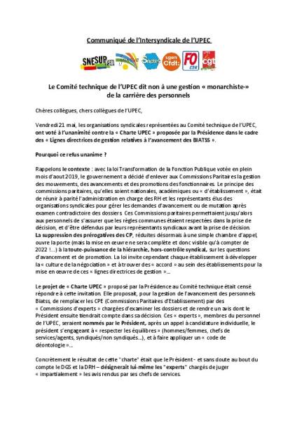Le Comité technique de l’UPEC dit non à une gestion « monarchiste »  de la carrière des personnels - CP de l'intersyndicale de l'UPEC, 16 juin 2021