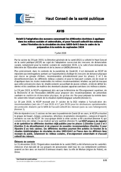 Avis du Haut Conseil de la Santé Publique relatif à la rentrée 2020 - 7 juillet 2020