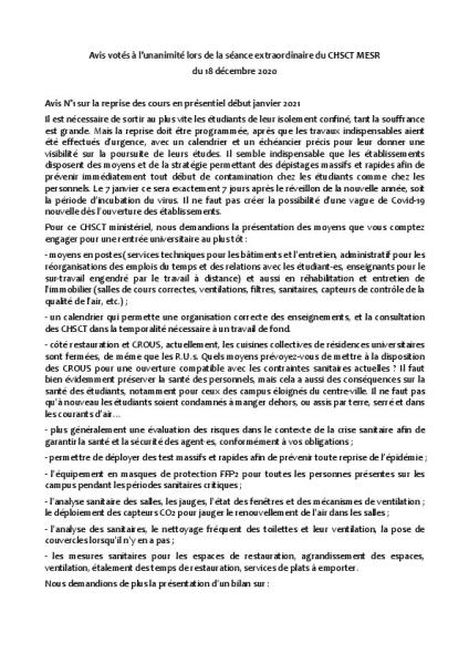 Avis votés par le CHSCTMESR du 18 décembre 2020