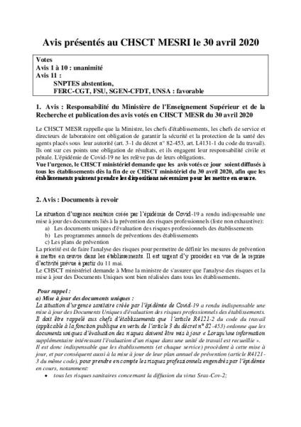 CHSCT MESRI du 30 avril 2020 - ses avis relatifs au plan de déconfinement
