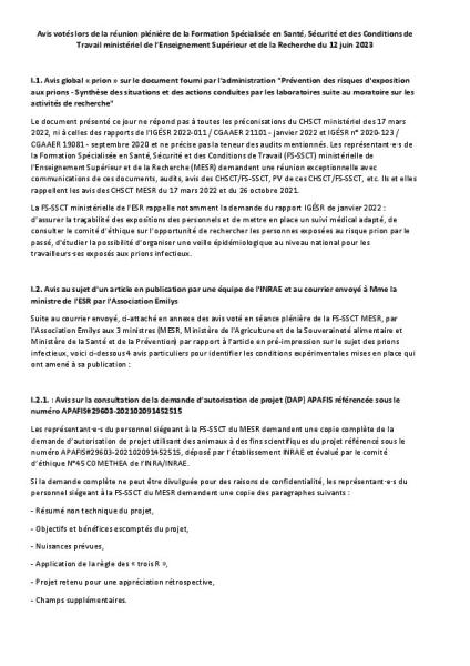 Formation spécialisée SSCT ministérielle du 12 juin 2023 : avis votés