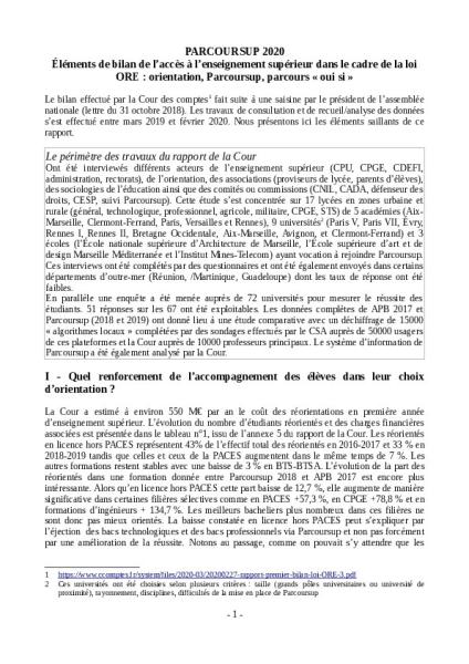 PARCOURSUP 2020 : Éléments de bilan de l’accès à l’enseignement supérieur dans le cadre de la loi ORE : orientation, Parcoursup, parcours « oui si » (Cour des comptes)