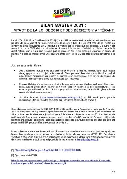 Bilan master 2021 :  impact de la loi de 2016 et des décrets y afférant